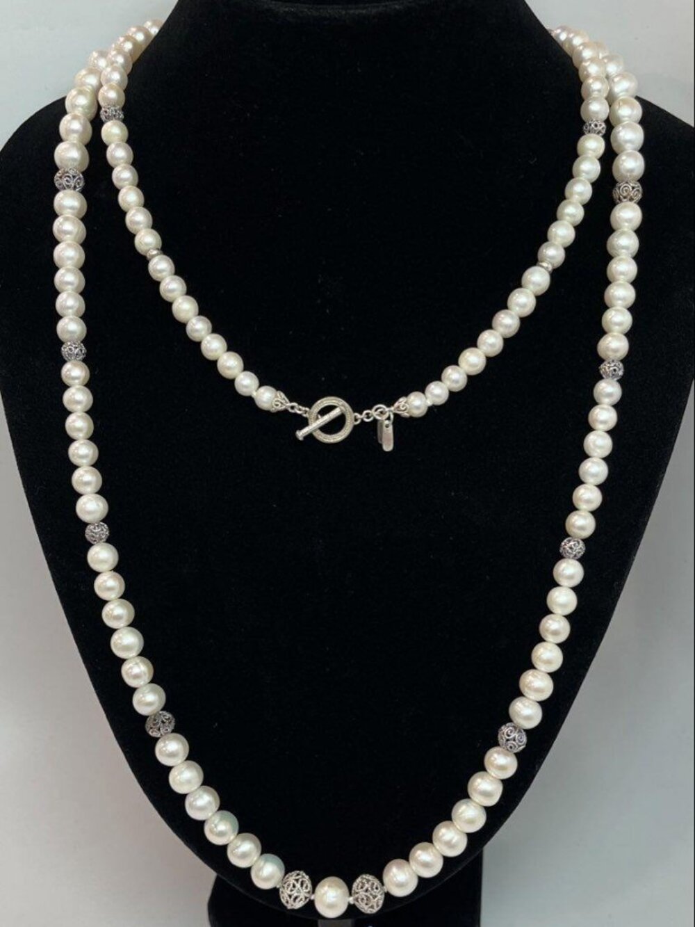 Striking 925 Sterling Silver Graduated Pearl Openwork Bead 44" Necklace with Box